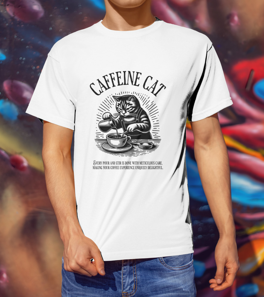 CAFFEINE CAT EVERY POUR AND STIR IS DONE WITH METICULOUS CARE MAKING YOUR COFFEE EXPERIENCE UNIQUELY DELIGHTFUL T-Shirt