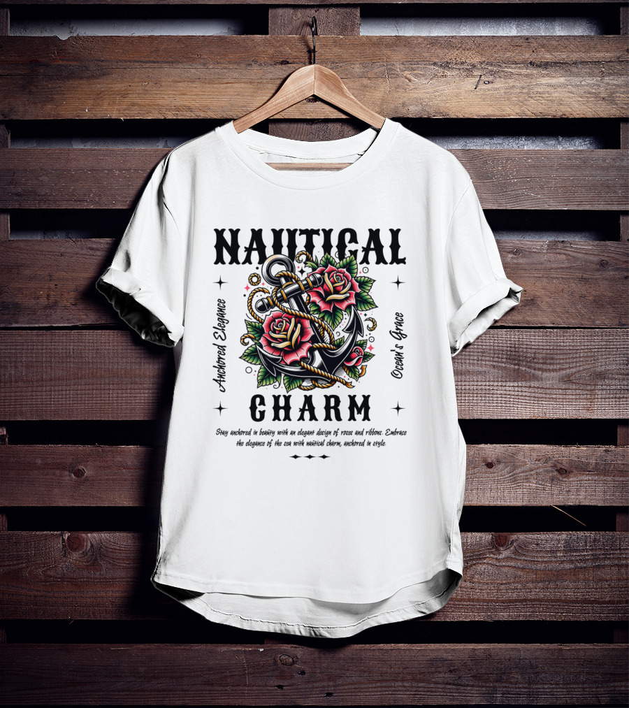 Nautical Charm Anchored Elegance Ocean's Grace Rose Ribbon T-Shirt