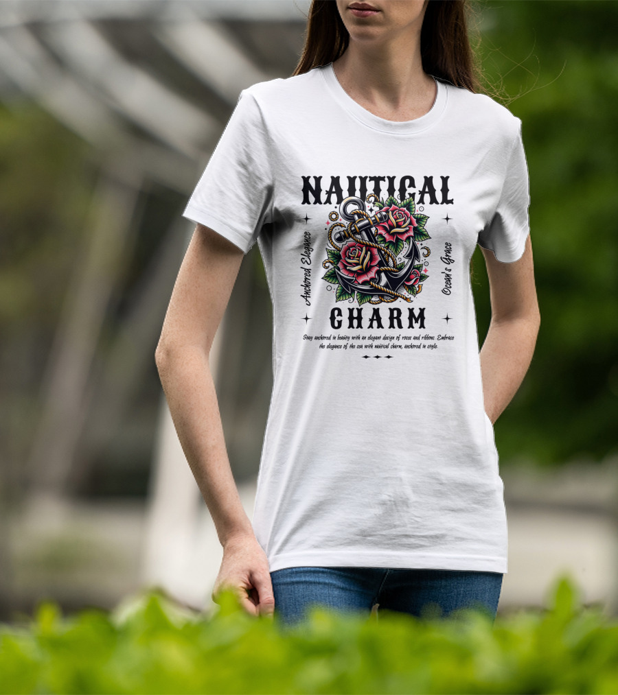 Nautical Charm Anchored Elegance Ocean's Grace Rose Ribbon T-Shirt