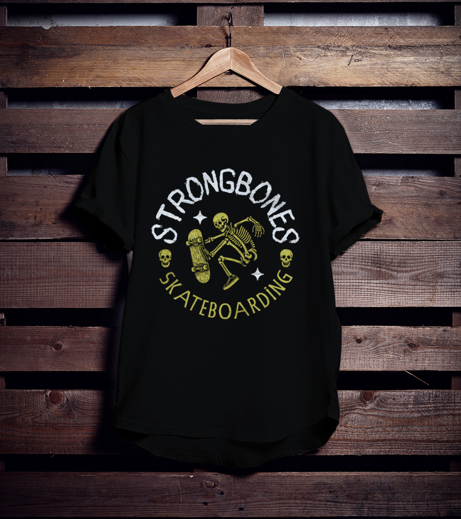 Strongbones Skateboarding Skeleton With Skull Accents T-Shirt