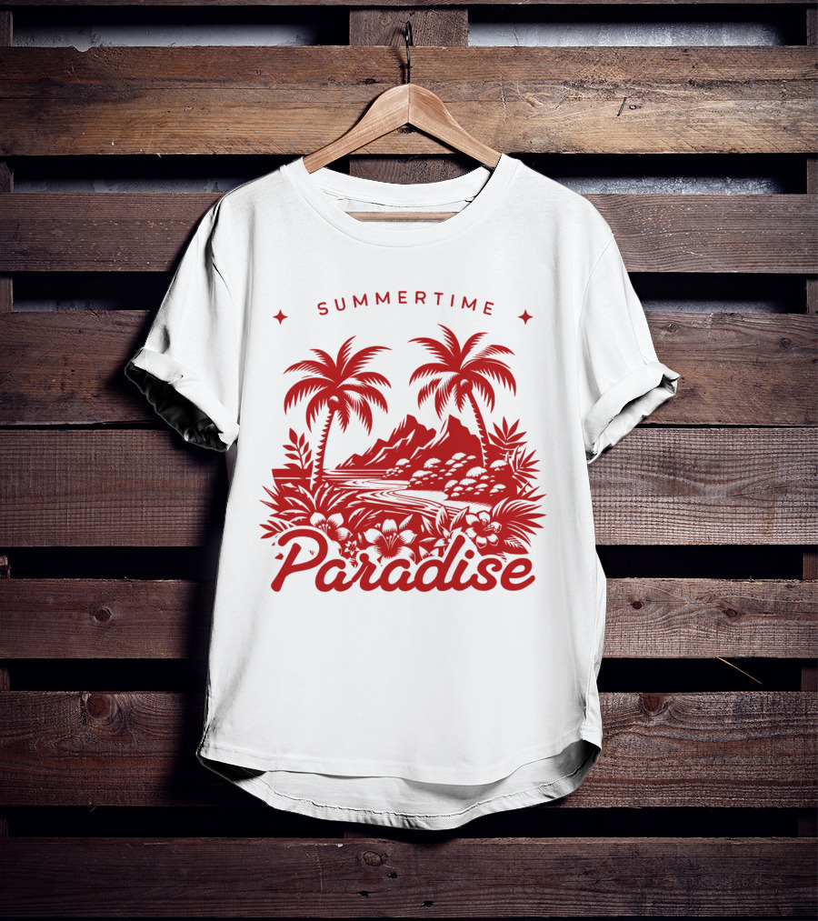 Summertime Paradise Palm Trees And Mountains Landscape T-Shirt