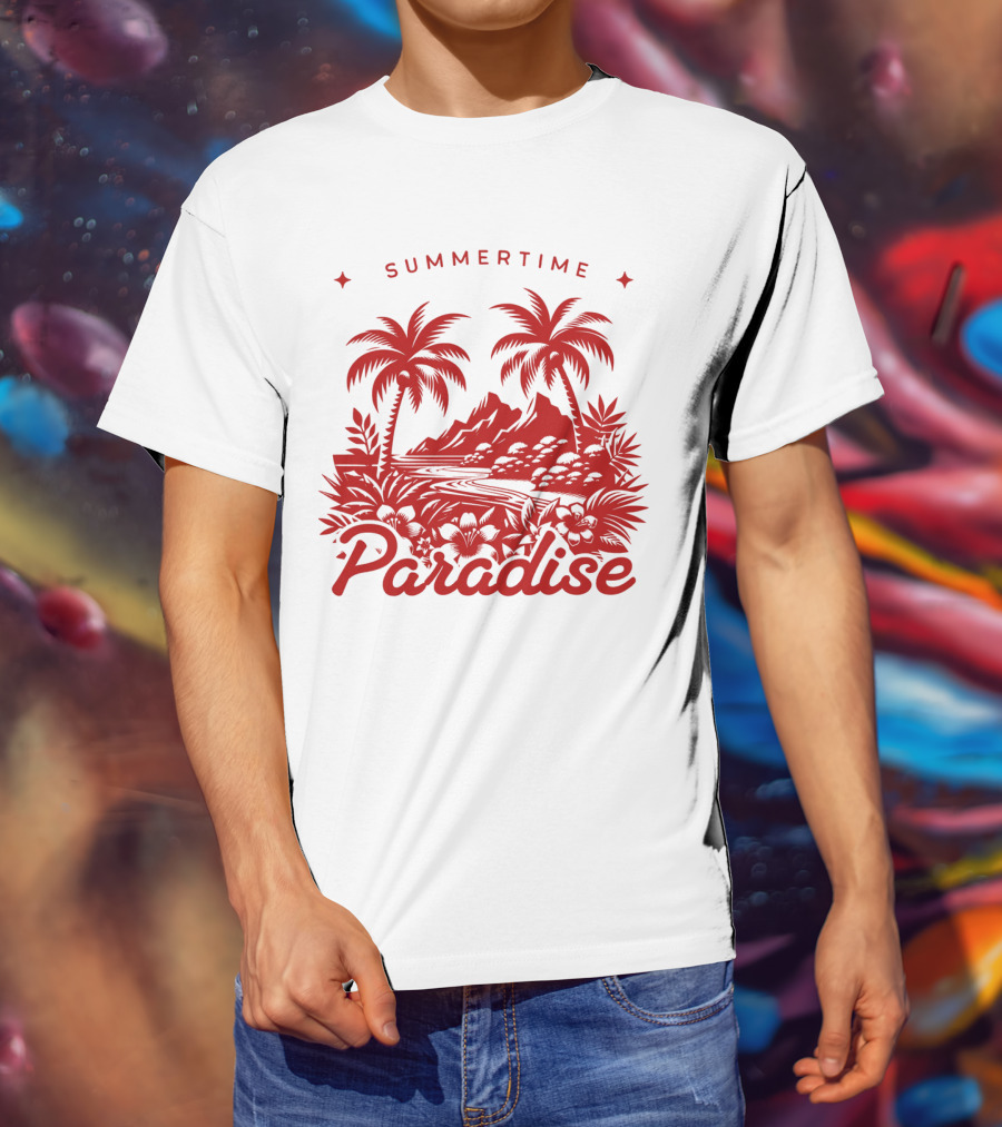 Summertime Paradise Palm Trees And Mountains Landscape T-Shirt