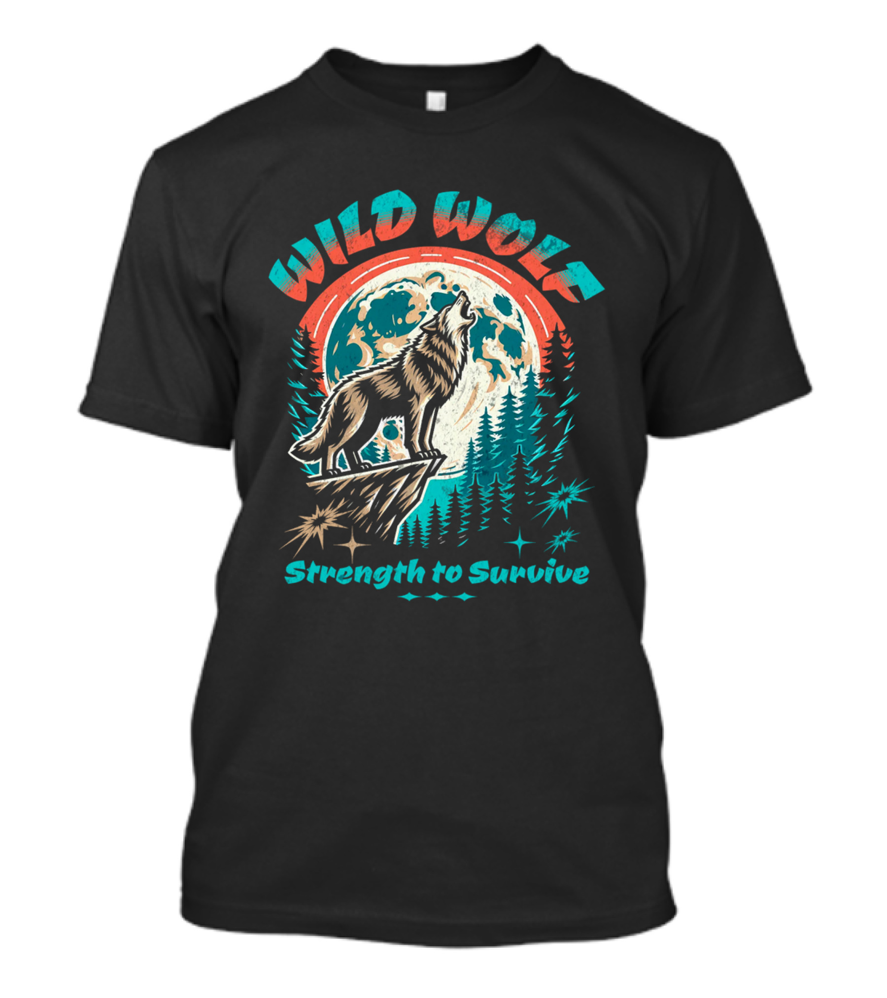 WILD WOLF Strength To Survive Full Moon Forest Scene T-Shirt