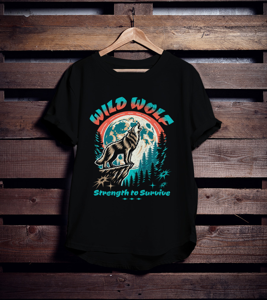 WILD WOLF Strength To Survive Full Moon Forest Scene T-Shirt