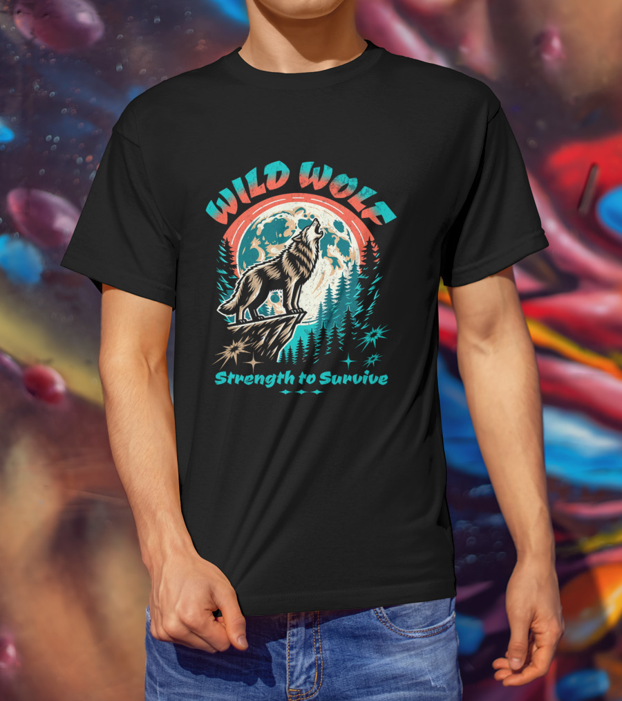 WILD WOLF Strength To Survive Full Moon Forest Scene T-Shirt