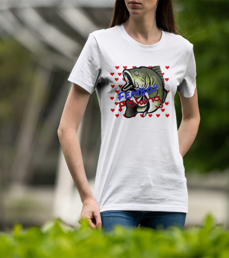 Femboy Fishing With Heart Pattern And Big Mouth Bass T-Shirt