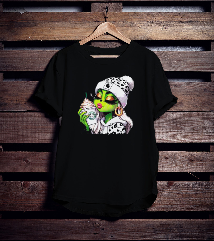 Grinchmas Blend Leopard Girl With Winter Leopard Beanie And Coffee Cup T-Shirt