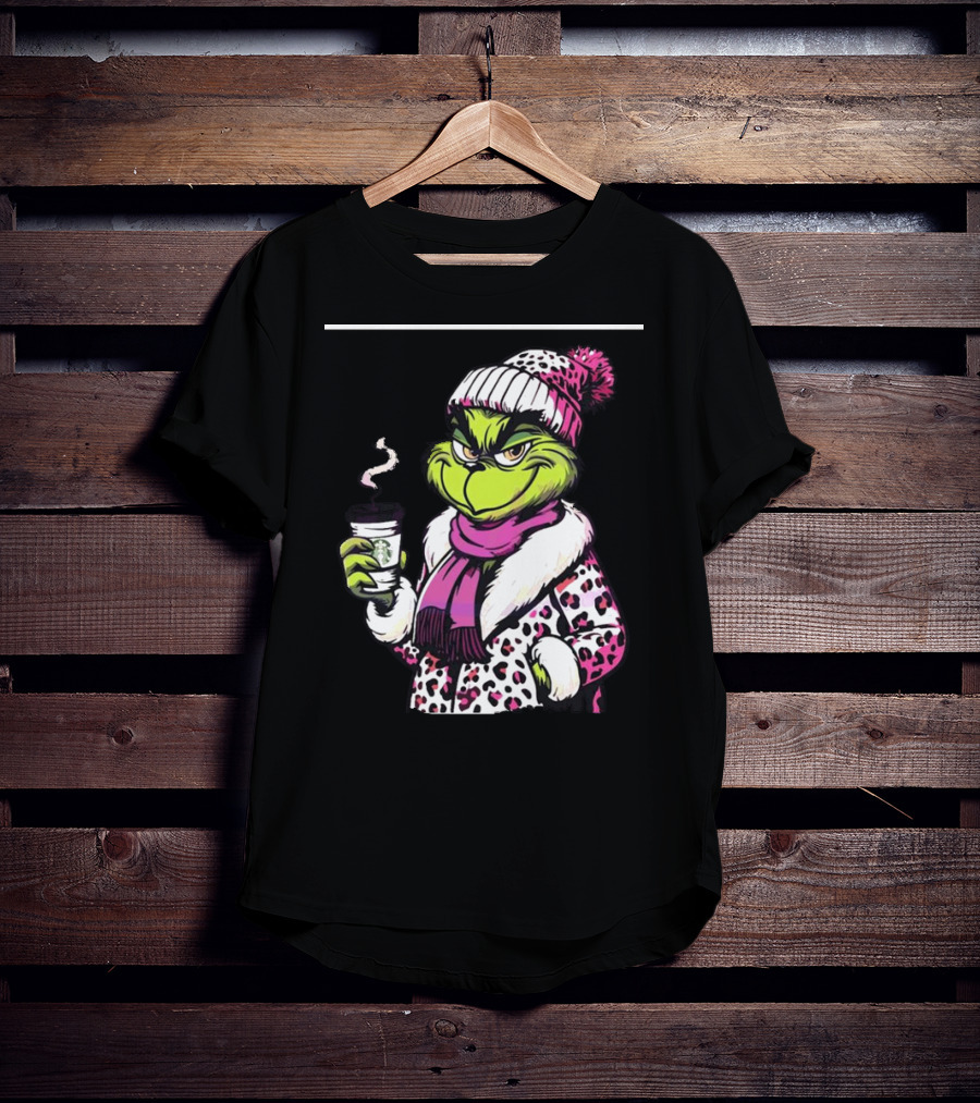 Grinchy And Bougie In Pink Leopard With Coffee Cup T-Shirt