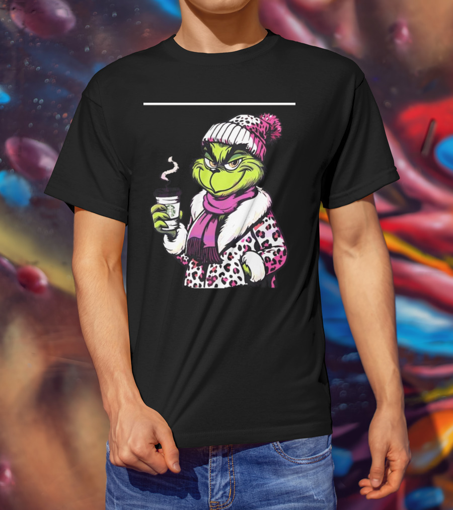 Grinchy And Bougie In Pink Leopard With Coffee Cup T-Shirt