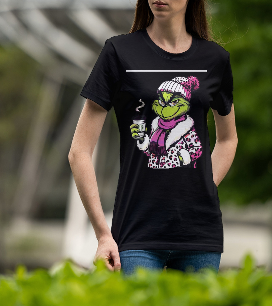Grinchy And Bougie In Pink Leopard With Coffee Cup T-Shirt