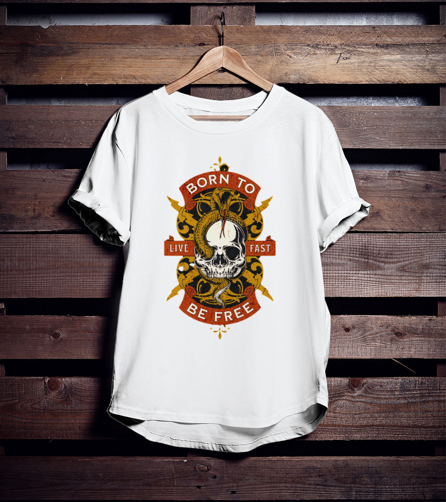 Born To Be Free Live Fast Skull With Snake And Ornate T-Shirt