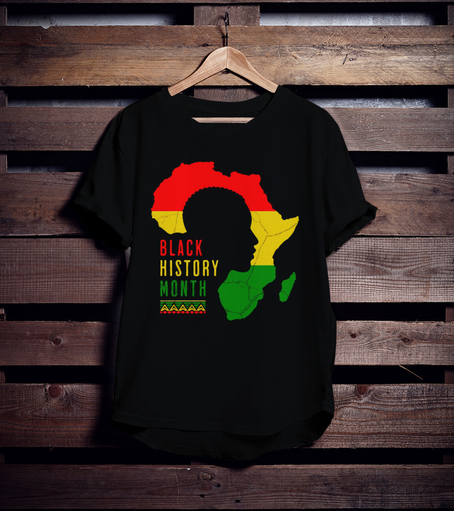 Black History Month African Continent Map With Red Yellow Green Colors And Afro T-Shirt