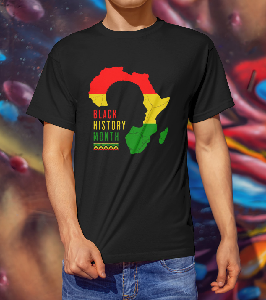 Black History Month African Continent Map With Red Yellow Green Colors And Afro T-Shirt