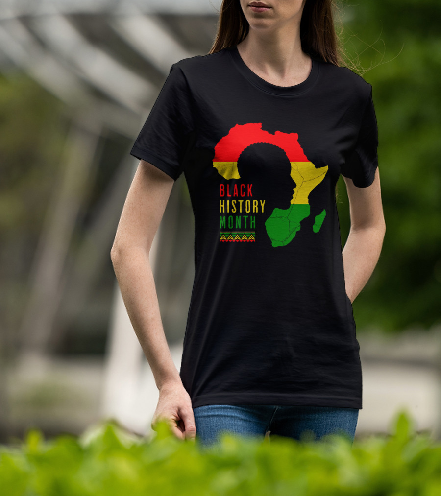 Black History Month African Continent Map With Red Yellow Green Colors And Afro T-Shirt