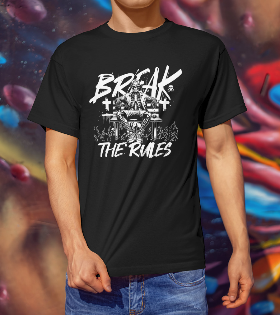 BREAK THE RULES Skeleton Bench Fire Skulls Crosses T-Shirt