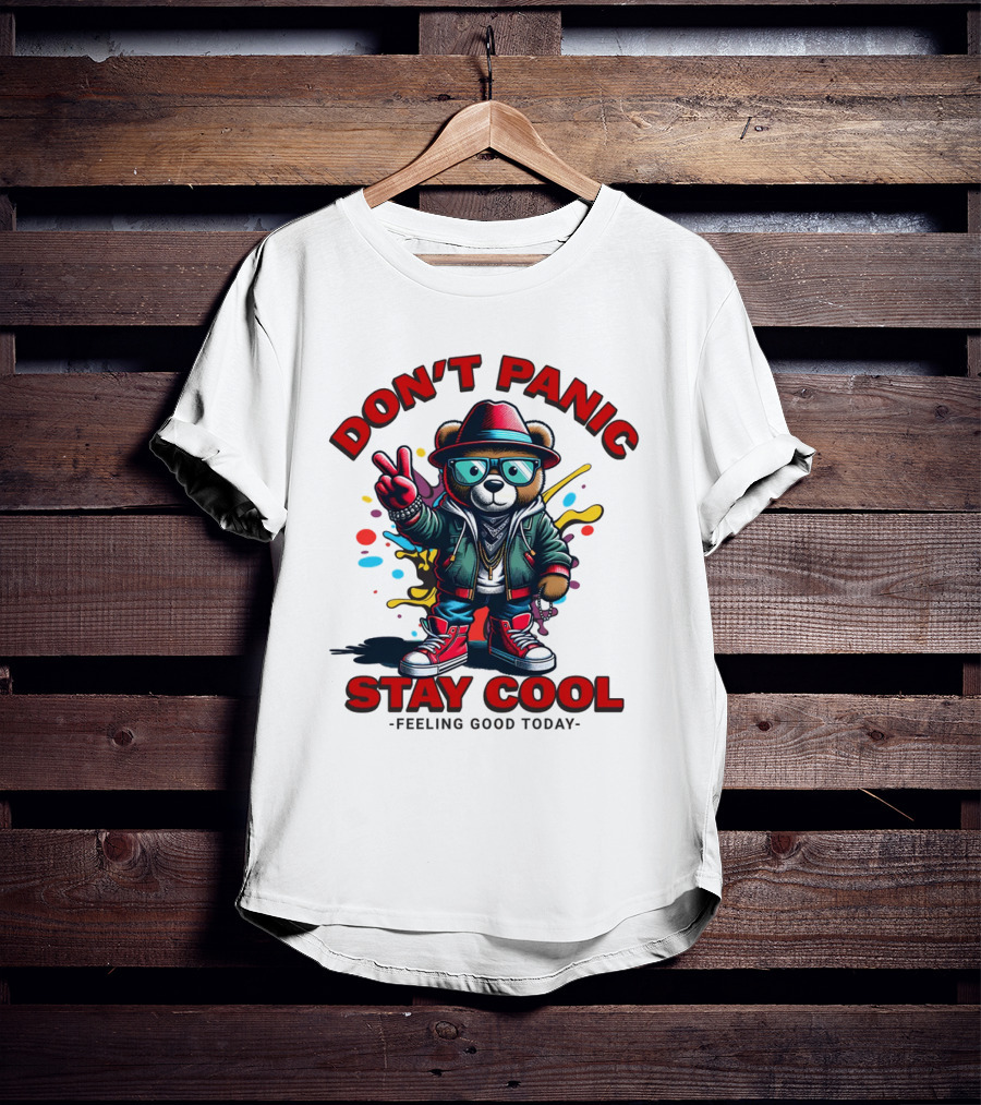 Don't Panic Stay Cool Feeling Good Today Bear With Peace Sign T-Shirt