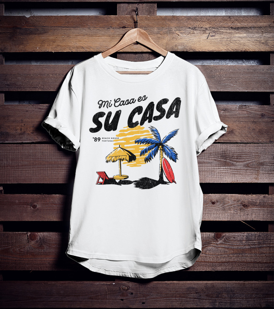 Mi Casa Es Su Casa '89 Beach House Portugal Palm Tree Umbrella Chair Surfboard T-Shirt