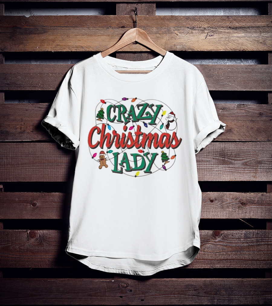 Crazy Christmas Lady Lights Gingerbread Tree Stocking T-Shirt