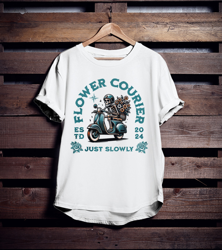 Flower Courier Skeleton Vespa Rider Just Slowly T-Shirt
