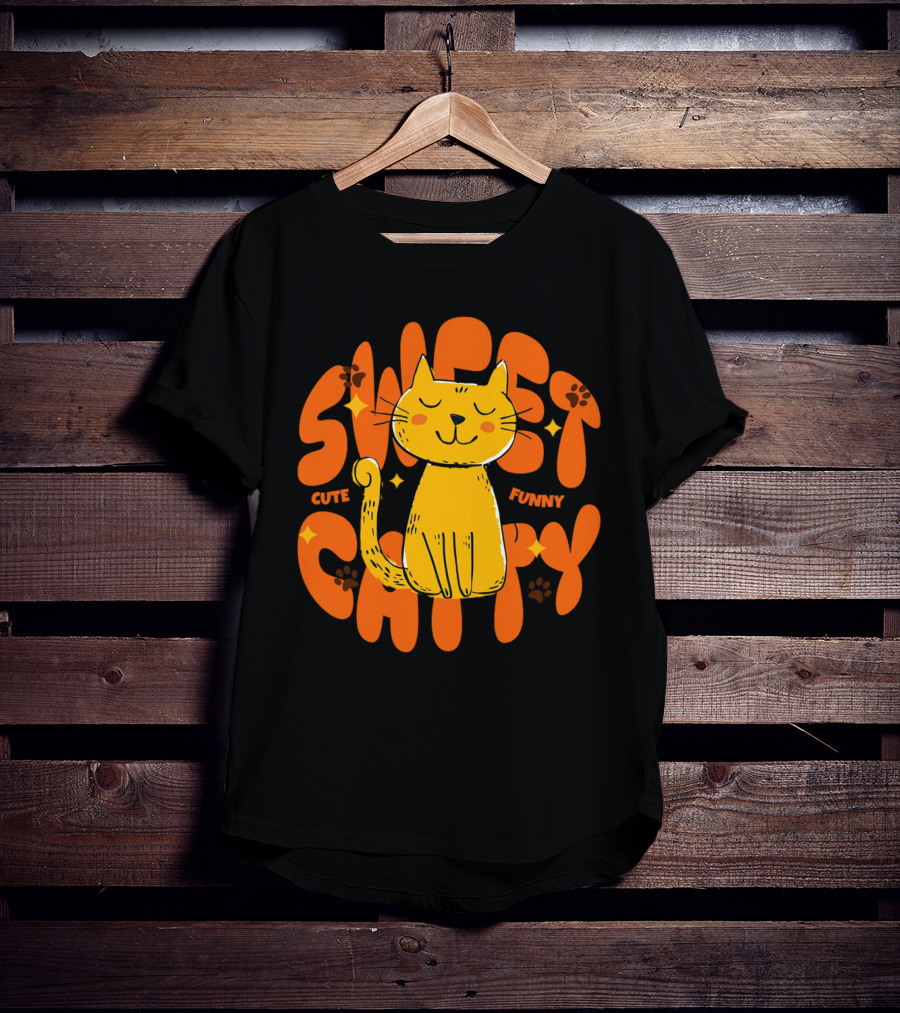 Cute Funny Sweet Cat Happy Yellow Cat With Paw Prints T-Shirt