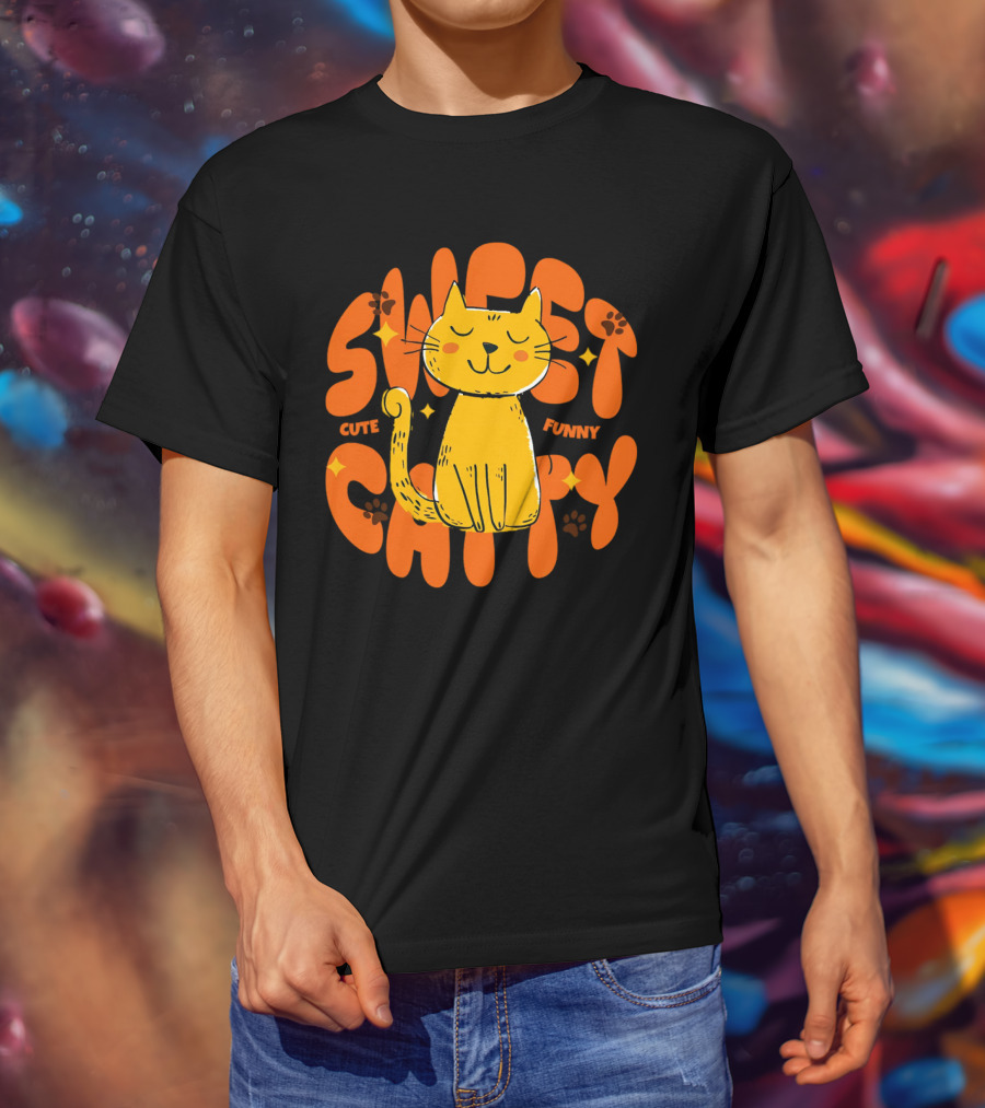 Cute Funny Sweet Cat Happy Yellow Cat With Paw Prints T-Shirt