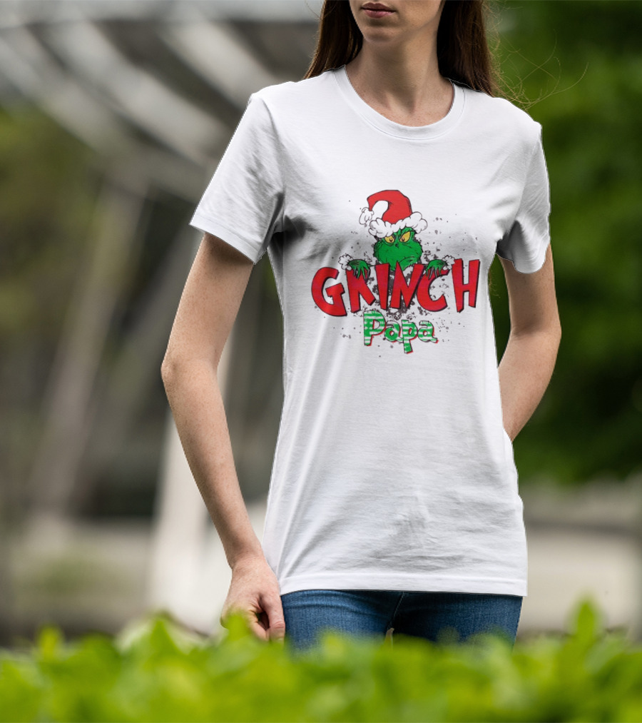 Grinch Christmas Papa Theme With Santa Hat T-Shirt