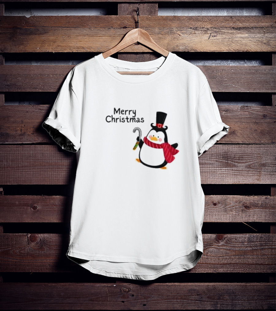 Merry Christmas Penguin With Candy Cane And Top Hat T-Shirt