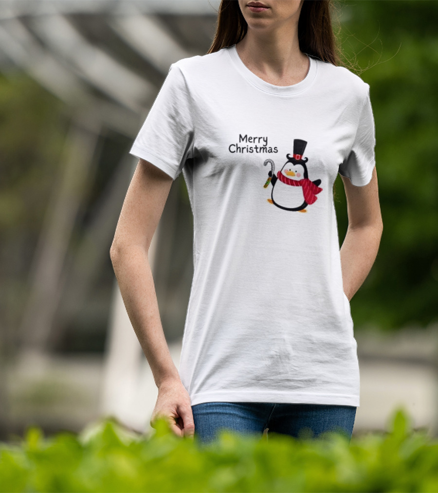 Merry Christmas Penguin With Candy Cane And Top Hat T-Shirt