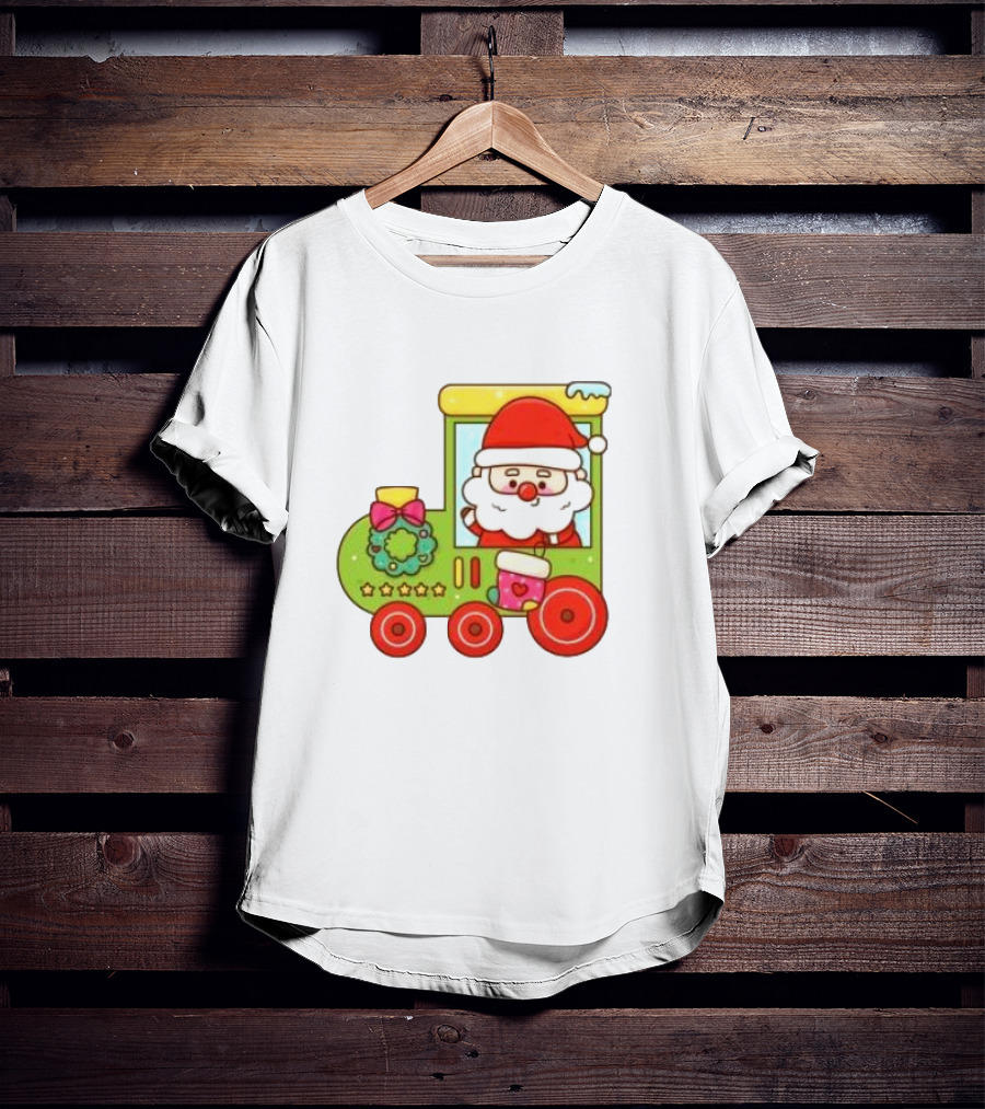 Santa Cute Christmas Train With Wreath And Stars T-Shirt