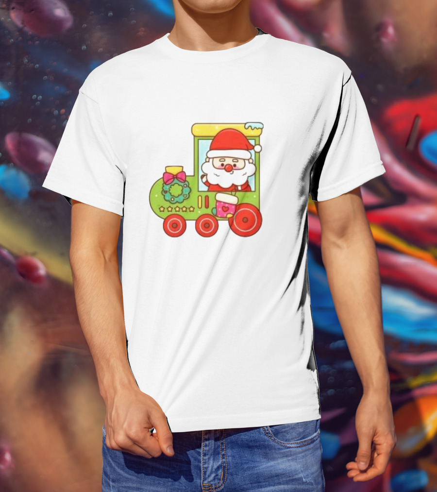 Santa Cute Christmas Train With Wreath And Stars T-Shirt