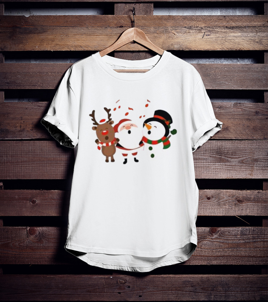 Santa Reindeer And Snowman Singing Christmas Carols Together T-Shirt