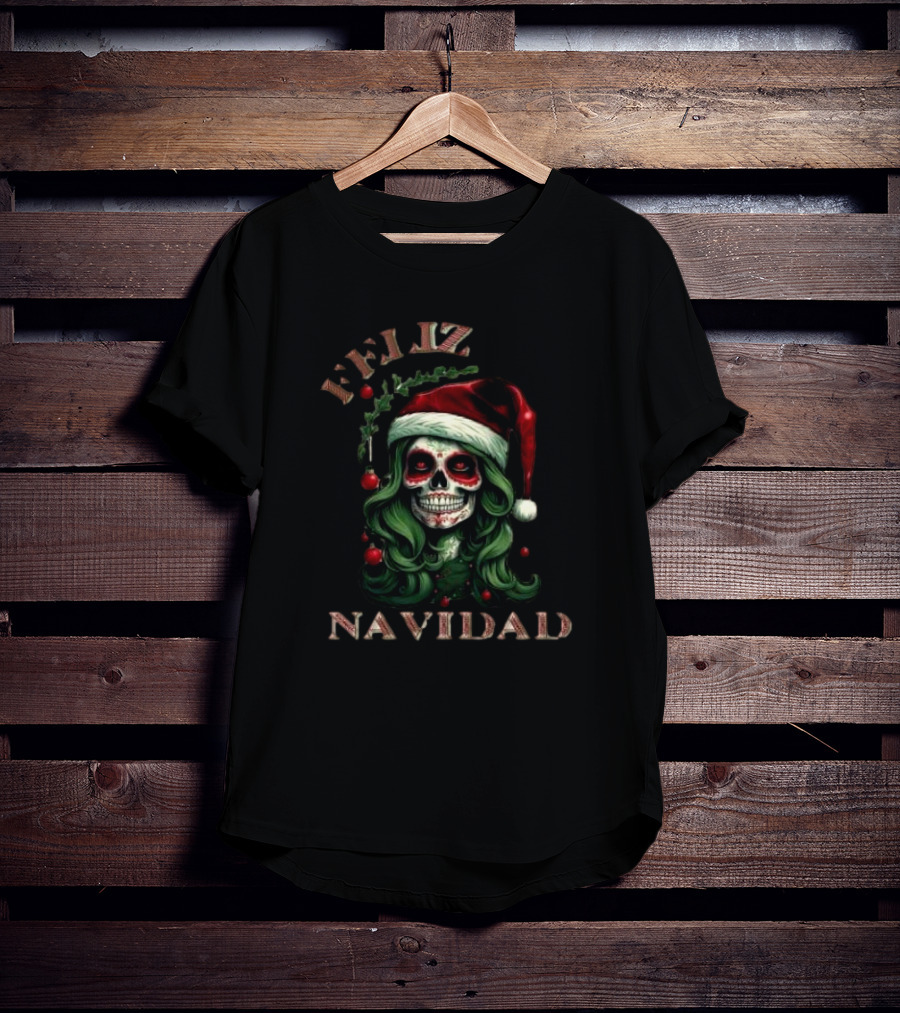 Feliz Navidad Skull Santa Hat Merry Christmas T-Shirt