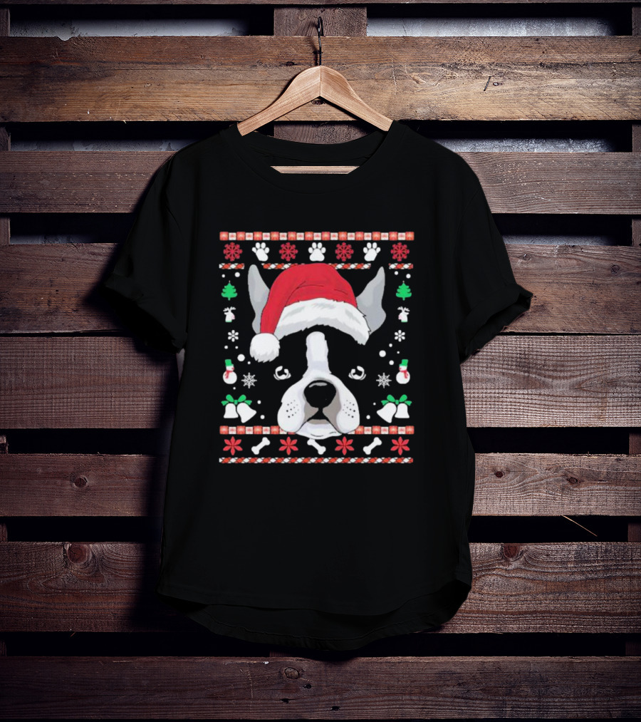 Ugly Christmas Boston Terrier In Santa Hat With Snowflakes And Paw Prints T-Shirt