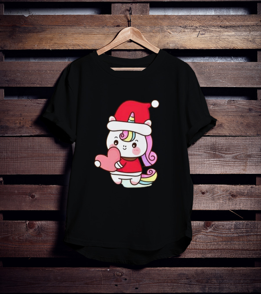 Unicorn Santa Hat Heart Christmas T-Shirt