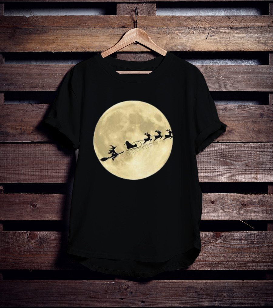 Witch Riding With Santa's Sleigh In Full Moon Christmas Scene T-Shirt
