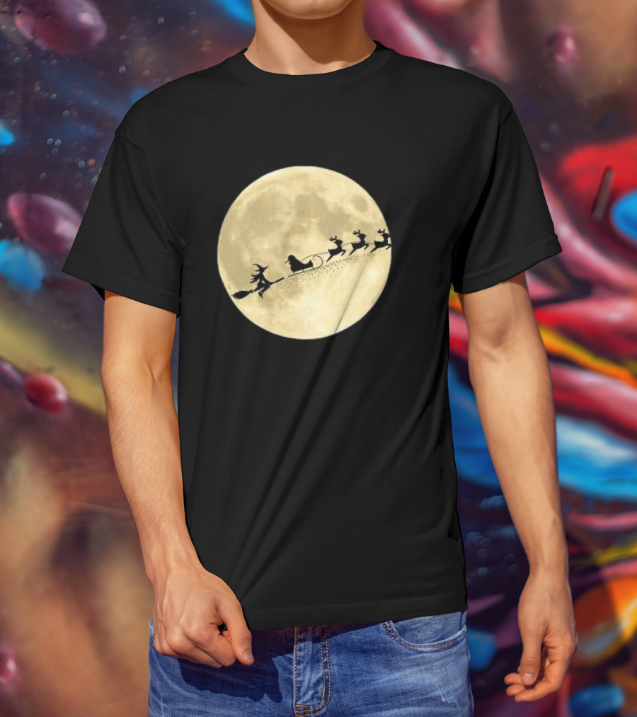Witch Riding With Santa's Sleigh In Full Moon Christmas Scene T-Shirt