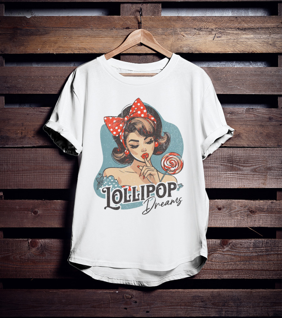 Lollipop Dreams Vintage Style Pinup Woman With Lollipop And Red Bow T-Shirt