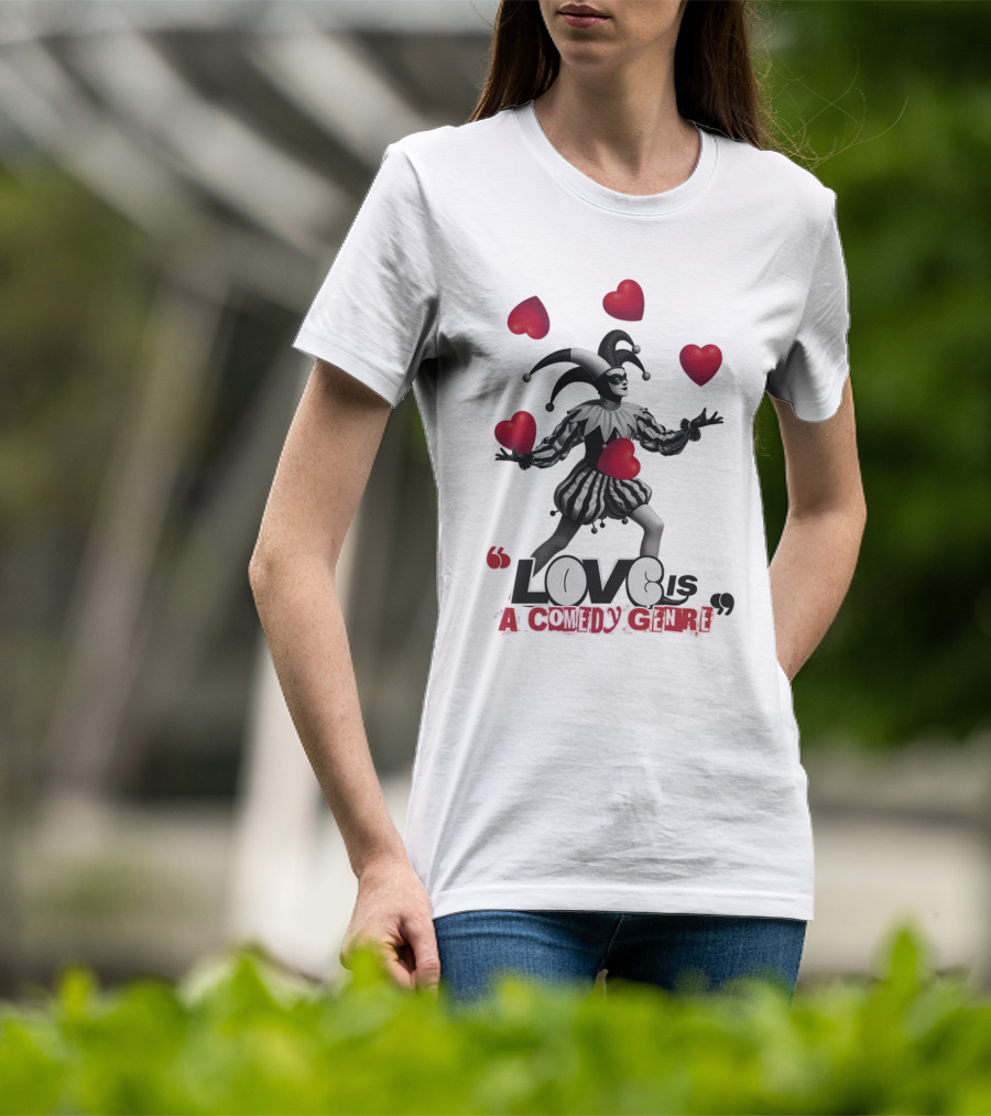 Love Is A Comedy Genre Jester And Hearts Motif T-Shirt