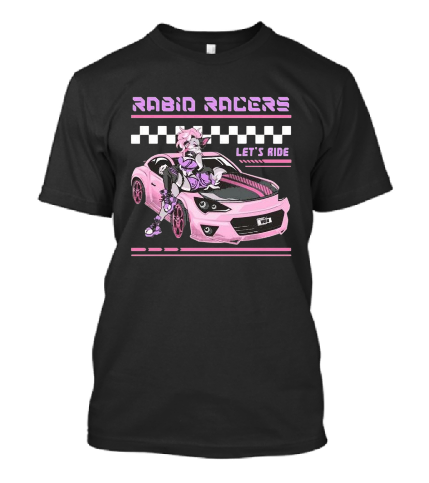 Rabid Racers Let’s Ride Pink Anime Style Racer Girl With Wufu License Plate T-Shirt