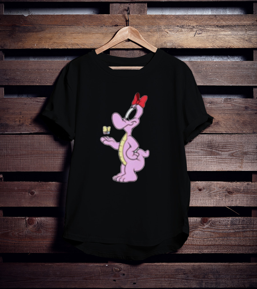 Pink Cartoon Dinosaur With Red Bow And Butterfly T-Shirt