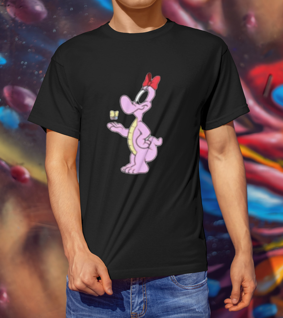 Pink Cartoon Dinosaur With Red Bow And Butterfly T-Shirt