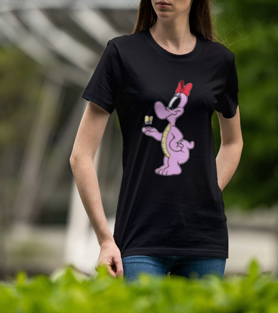 Pink Cartoon Dinosaur With Red Bow And Butterfly T-Shirt
