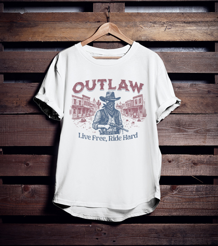 OUTLAW Live Free, Ride Hard Cowboy Western Scene T-Shirt