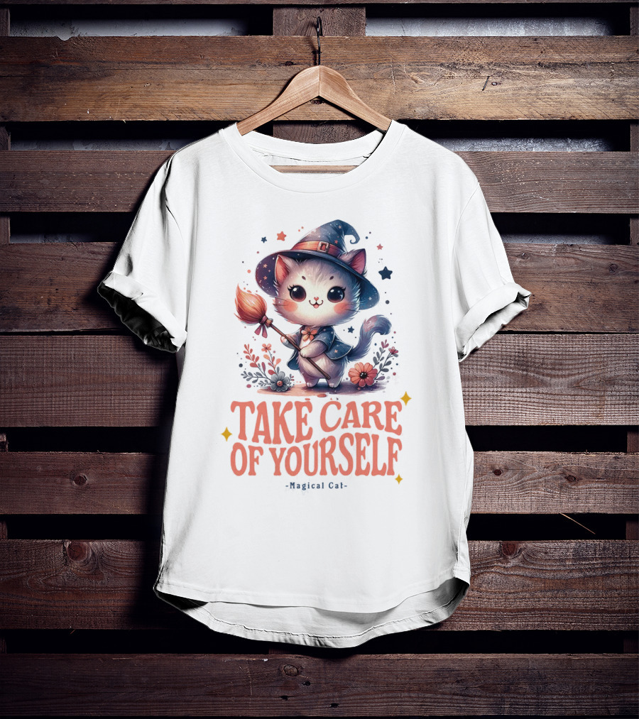 Take Care Of Yourself Magical Cat Wizard Hat Broomstick T-Shirt