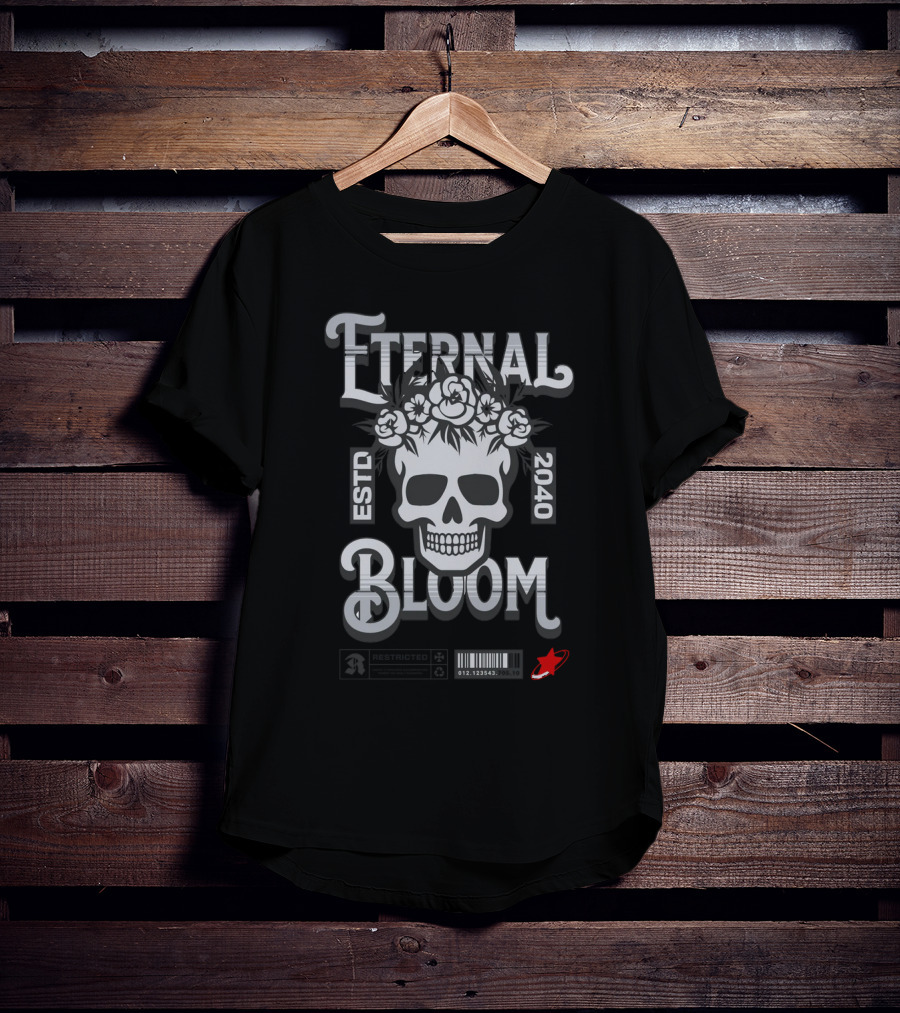 ETERNAL BLOOM ESTD 2040 Skull Roses Barcode Red Rocket T-Shirt