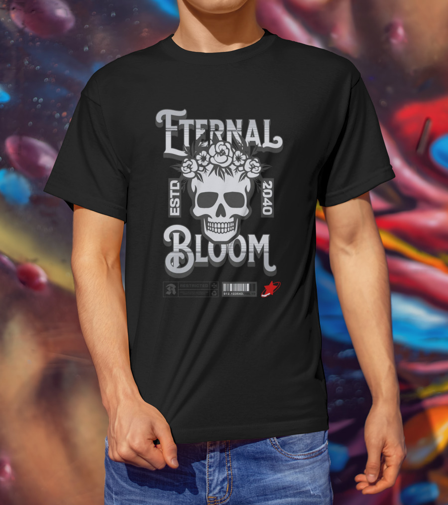 ETERNAL BLOOM ESTD 2040 Skull Roses Barcode Red Rocket T-Shirt