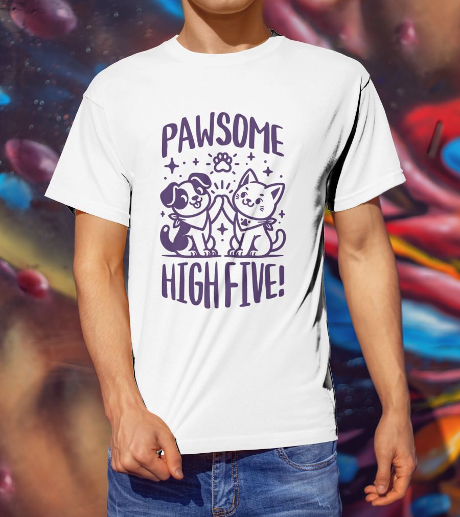 Pawsome High Five Cute Animal Purple Pawsom T-Shirt