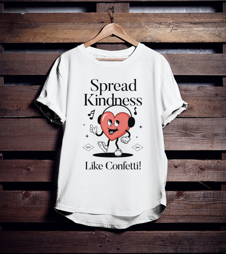 Spread Kindness Like Confetti Heart Character With Headphones Music Notes T-Shirt