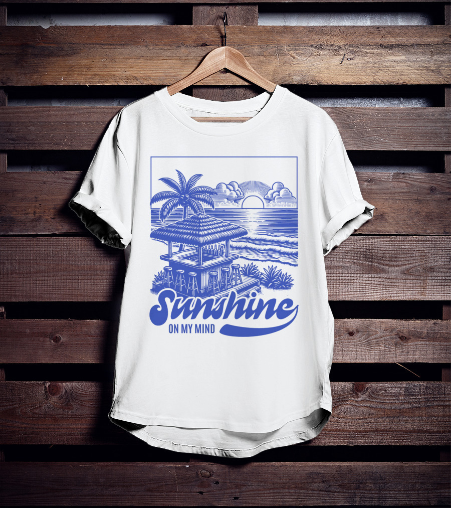 Sunshine On My Mind Vintage Beach Hut And Sunset Scene T-Shirt