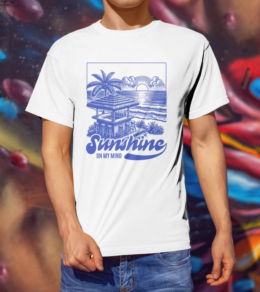 Sunshine On My Mind Vintage Beach Hut And Sunset Scene T-Shirt